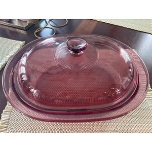 Vintage Visions by Corning Cranberry Glass 4QT Oval Roaster Pan with Lid